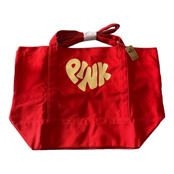 NWT-PINK-VICTORIAS SECRET-RED CANVAS TOTE BAG - Picture 1 of 3